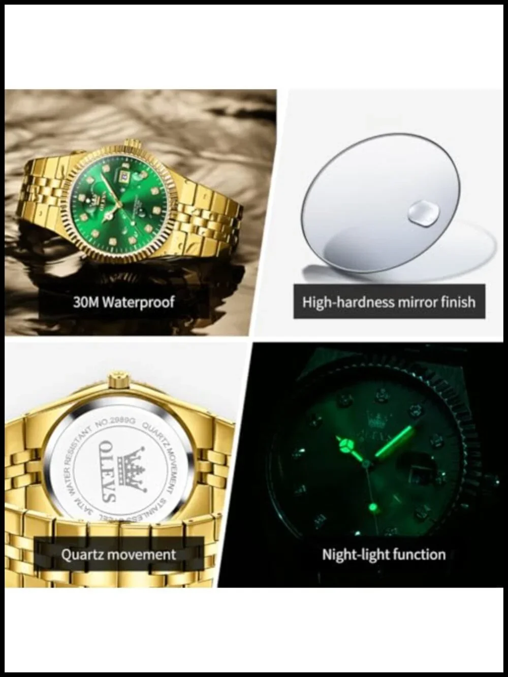 OLEVS Men's Diamond Analog Watch Stainless Steel Waterproof Luminous Date